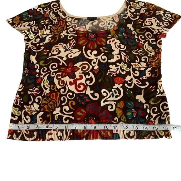 Lafayette 148 New York Blouse T-shirt Sequined Beaded Floral Tan Brown Red Large - Picture 7 of 11